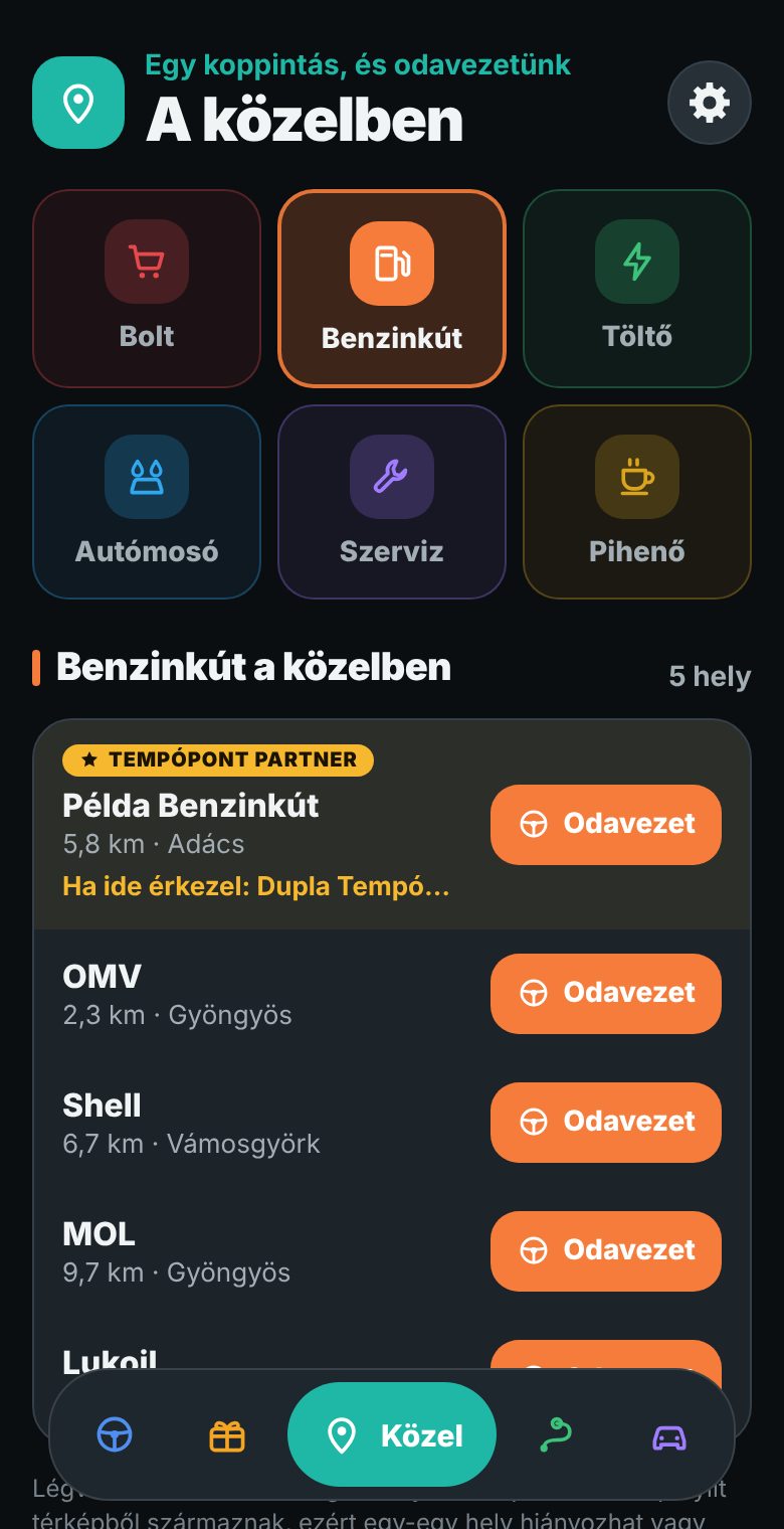 A közelben: benzinkutak listája